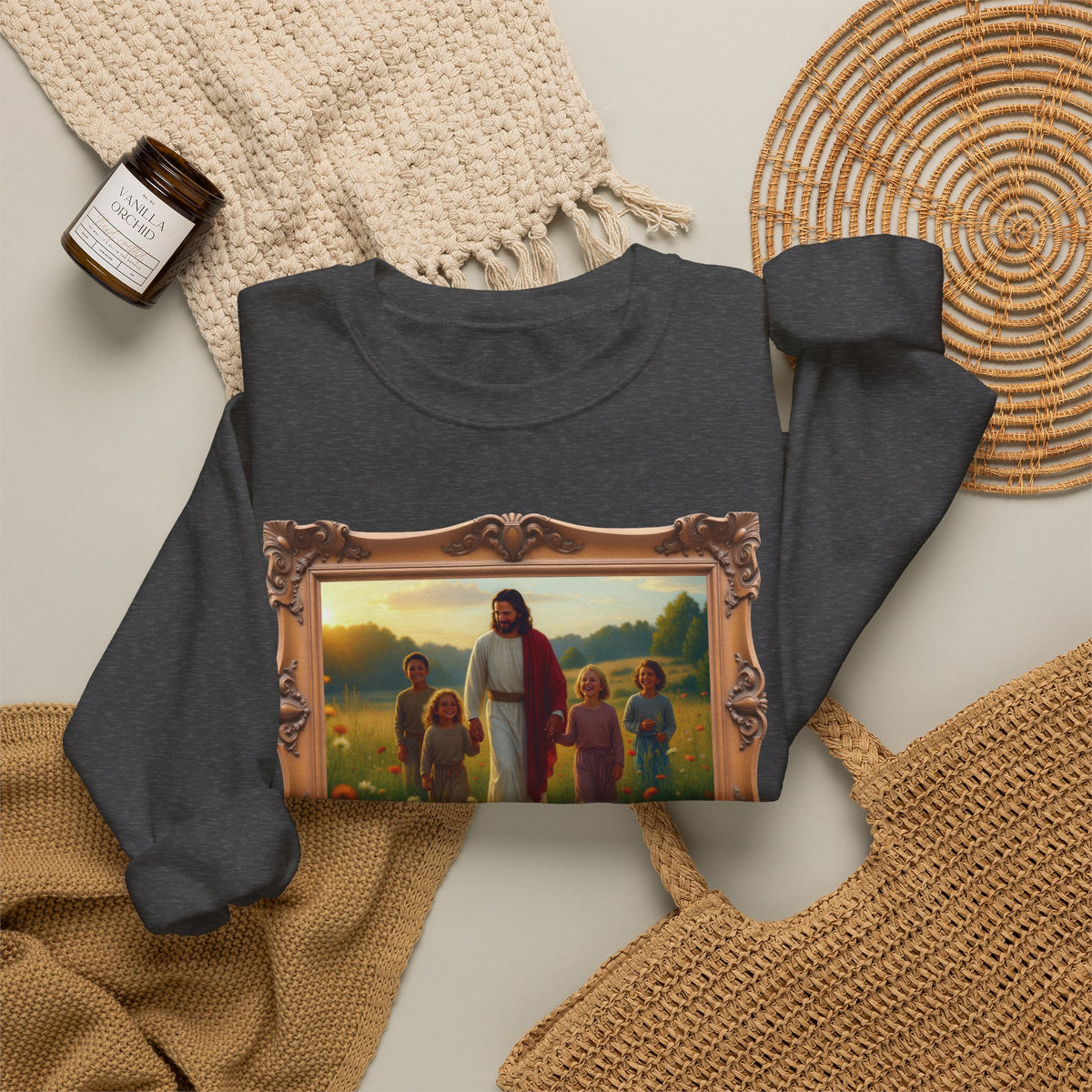 Jesus with Children in Wildflowers - Framed | Crewneck Sweatshirt | Christian Art | Faith-Inspired