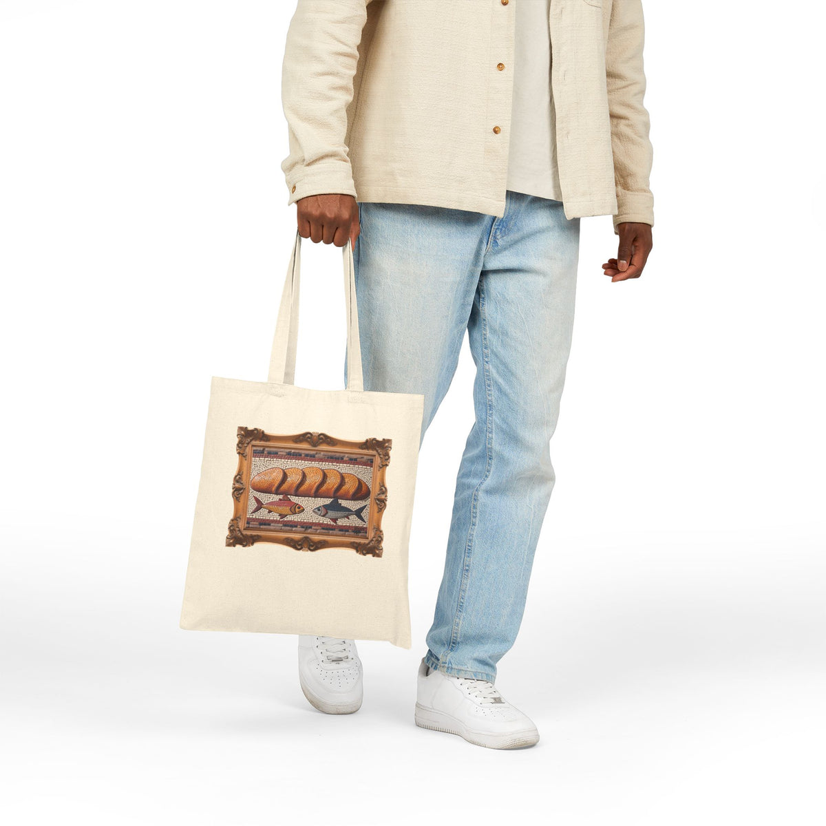 Five Loaves and Two Fish Mosaic - Framed - Canvas Tote Bag - Roman-Era-Inspired Christian Art