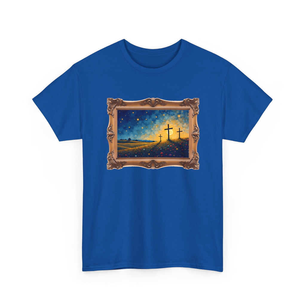 Three Crosses on Hill - Framed - T-Shirt | Religious Inspirational Tee, Jesus Faith Artwork