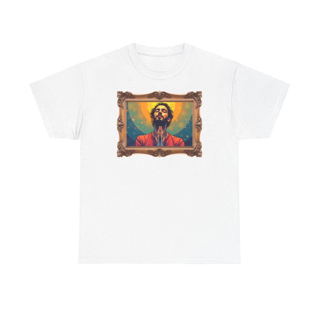 Praying Man - Serenity in Cosmic Light - Framed - T-Shirt | Religious Inspirational Tee, Prayer Artwork