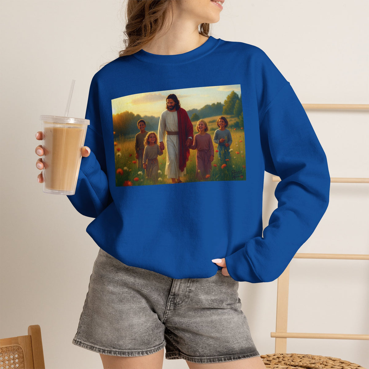 Jesus with Children in Wildflowers | Crewneck Sweatshirt | Christian Art | Faith-Inspired