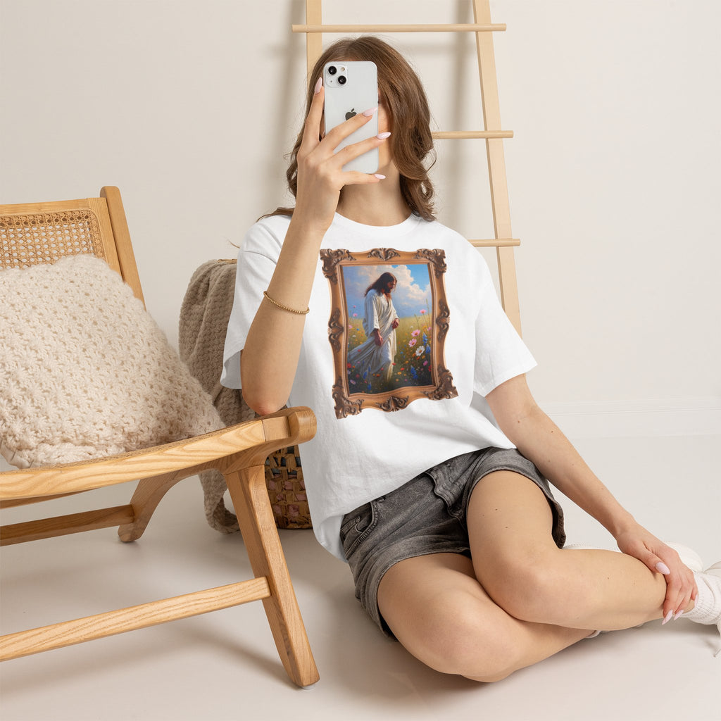Jesus Among Wildflowers - Framed - T-Shirt | Religious Inspirational Tee | Christ Walking Prayerfully