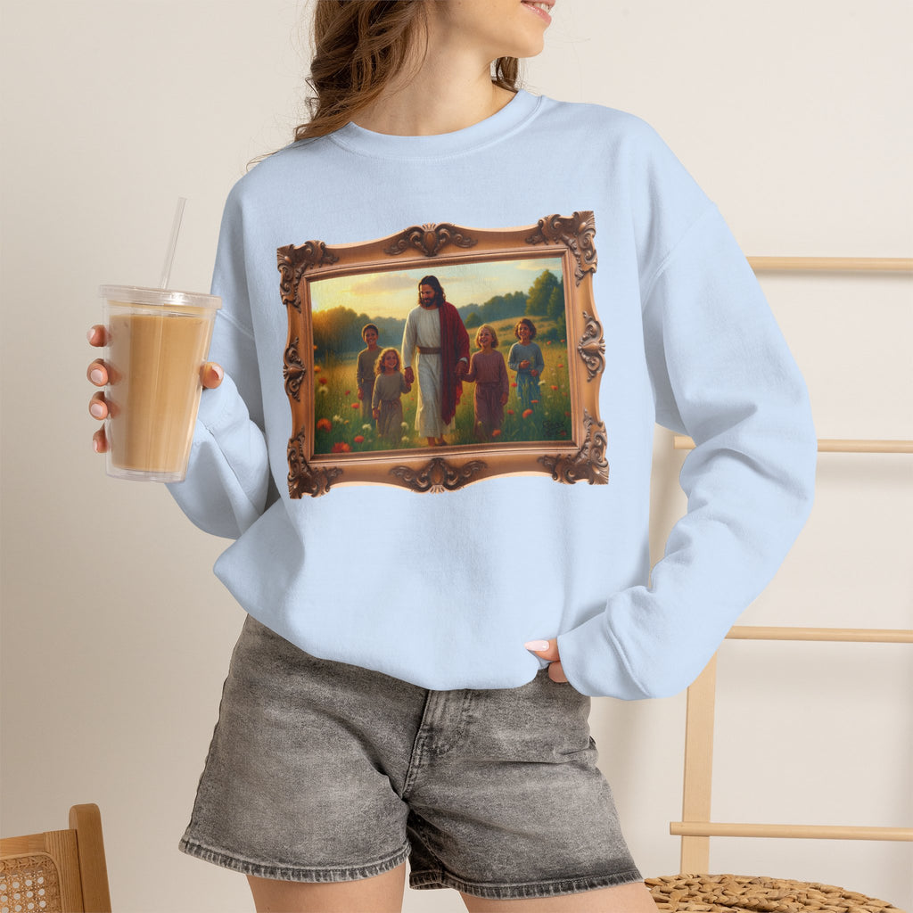 Jesus with Children in Wildflowers - Framed | Crewneck Sweatshirt | Christian Art | Faith-Inspired