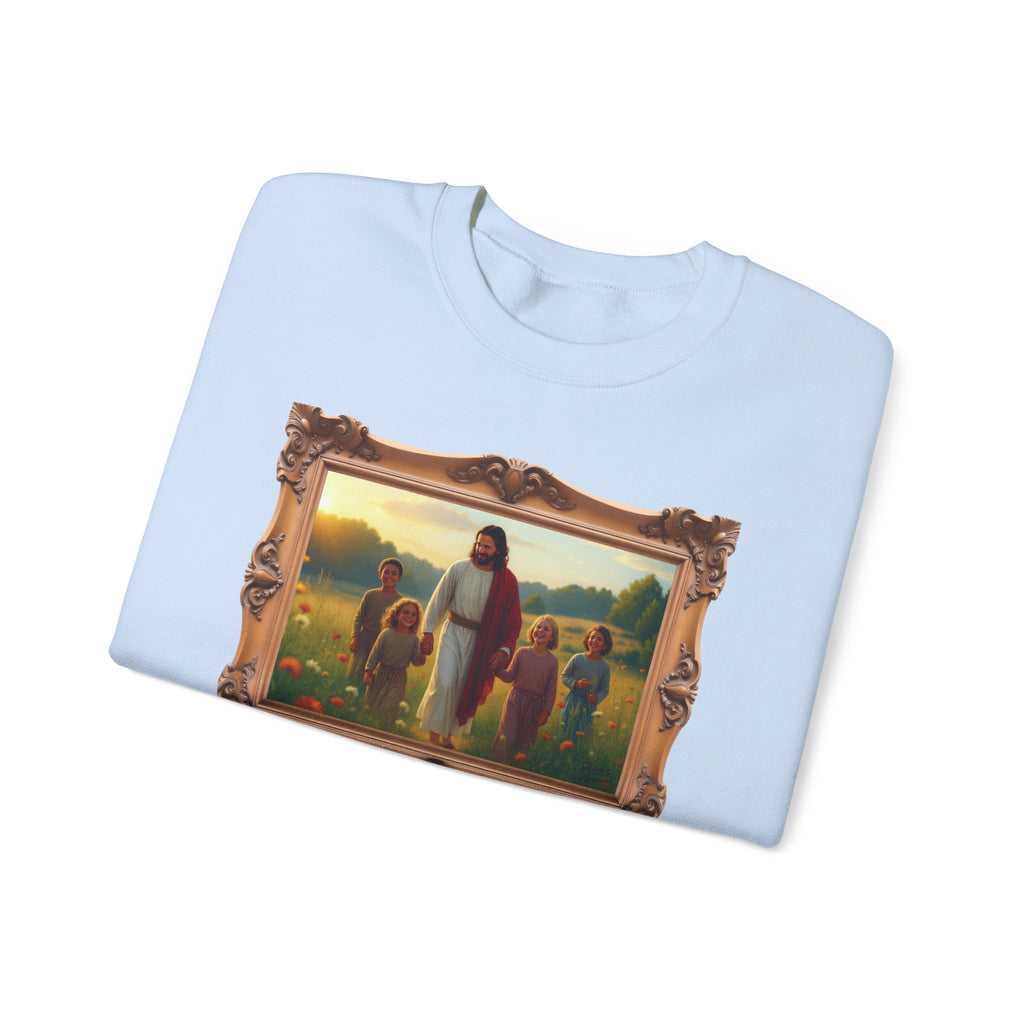 Jesus with Children in Wildflowers - Framed | Crewneck Sweatshirt | Christian Art | Faith-Inspired