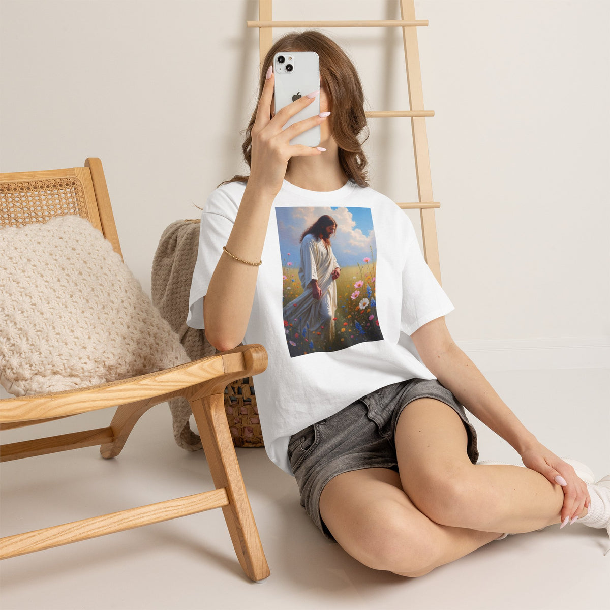 Jesus Among Wildflowers - T-Shirt | Religious Inspirational Tee | Christ Walking Prayerfully