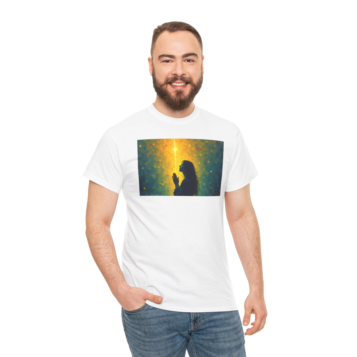 Woman in Prayer Under Magical Light - T-Shirt | Religious Inspirational Tee, Prayer Shirt