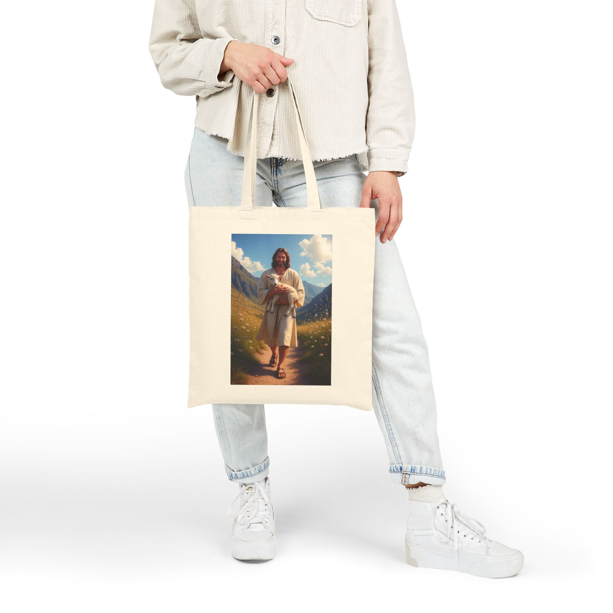 Jesus Carrying the Little Lamb - Canvas Tote Bag - The Good Shepherd Christian Art