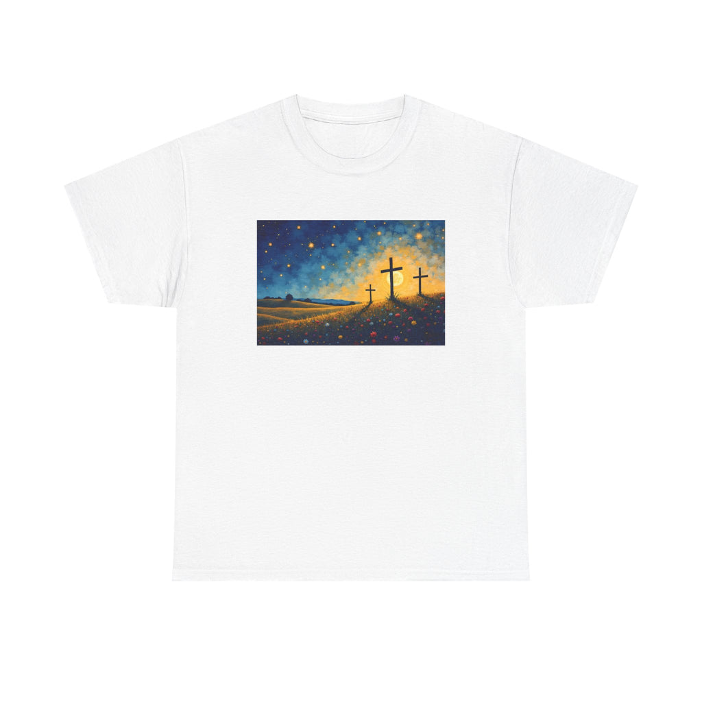Three Crosses on Hill - T-Shirt | Religious Inspirational Tee, Jesus Faith Artwork