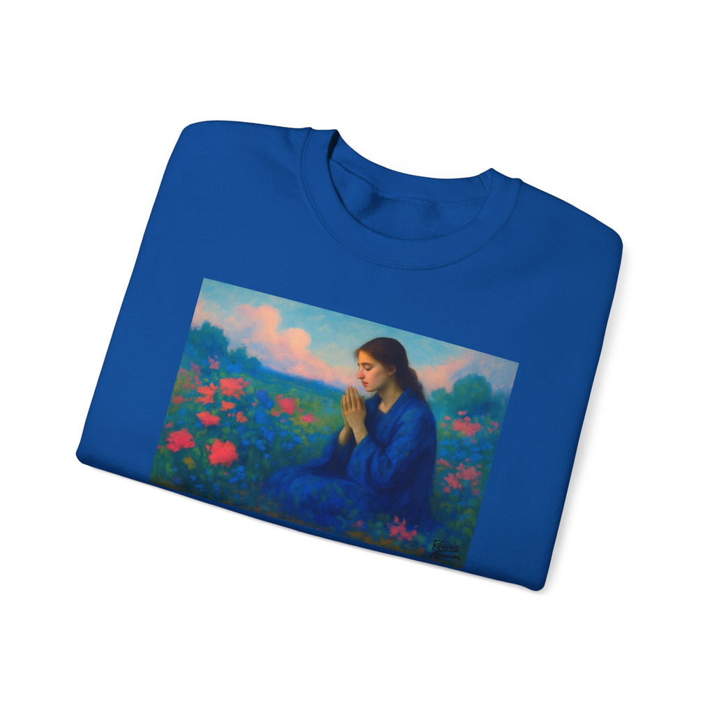 Praying Woman in Wildflowers | Crewneck Sweatshirt | Christian Art | Faith-Inspired