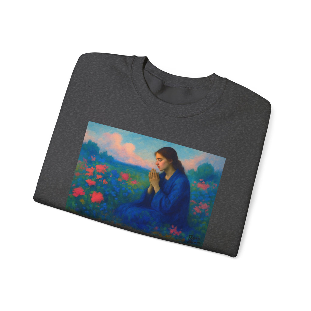 Praying Woman in Wildflowers | Crewneck Sweatshirt | Christian Art | Faith-Inspired