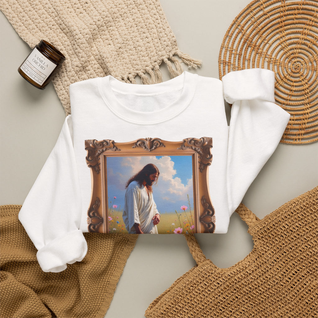 Jesus Among Wildflowers - Framed - Crewneck Sweatshirt | Christ Walking Prayerfully