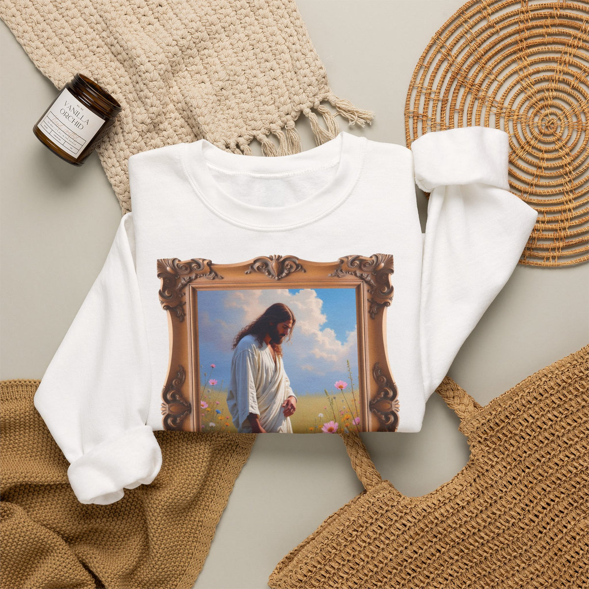 Jesus Among Wildflowers - Framed - Crewneck Sweatshirt | Christ Walking Prayerfully