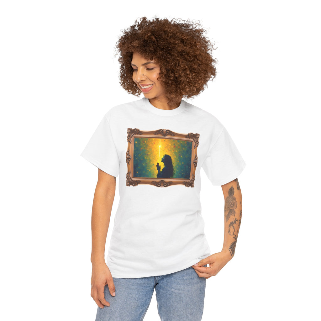 Woman in Prayer Under Magical Light - Framed - T-Shirt | Religious Inspirational Tee, Prayer Shirt