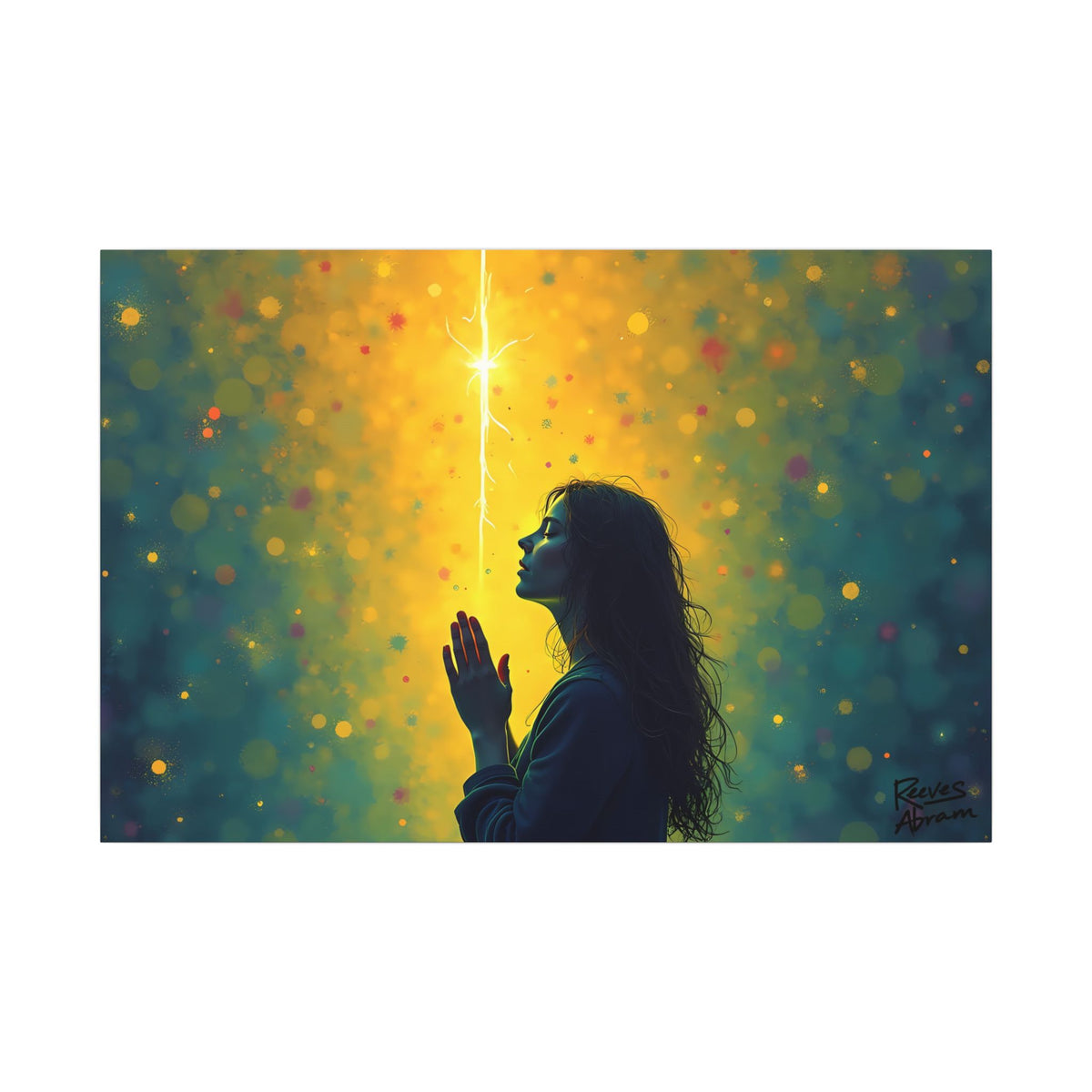 Woman in Prayer Under Magical Light | 36" x 24" Canvas (Horizontal) | Christian Pop Art | Faith Wall Decor