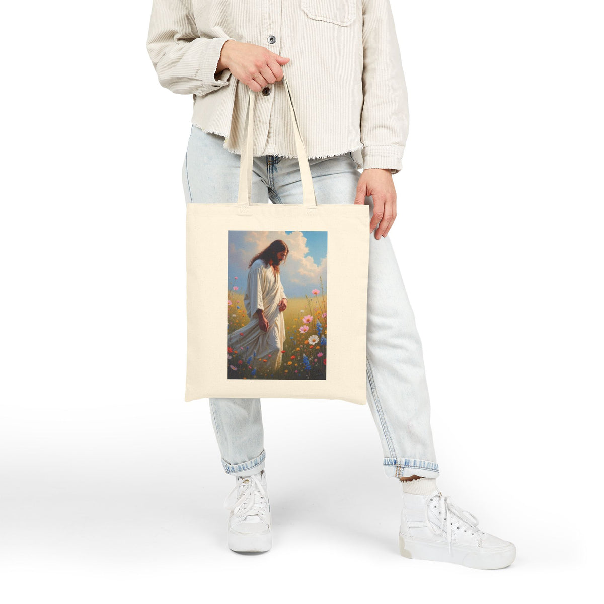 Jesus Among Wildflowers - Canvas Tote Bag - Christ Walking Prayerfully