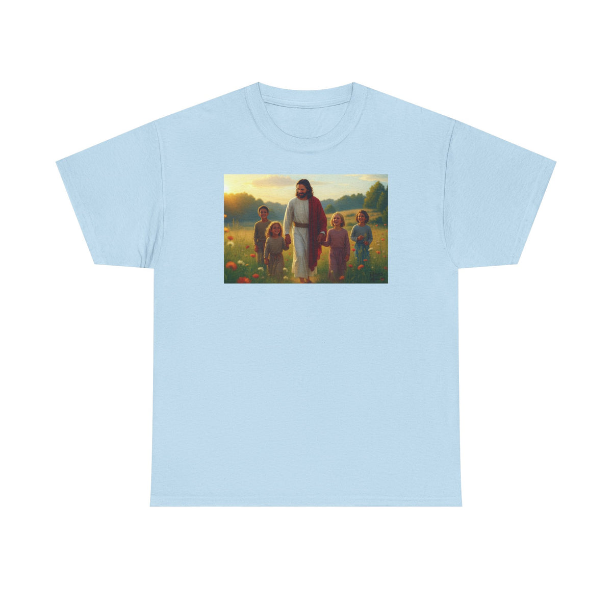 Jesus with Children in Wildflowers - T-Shirt | Religious Inspirational Tee, Prayer Artwork