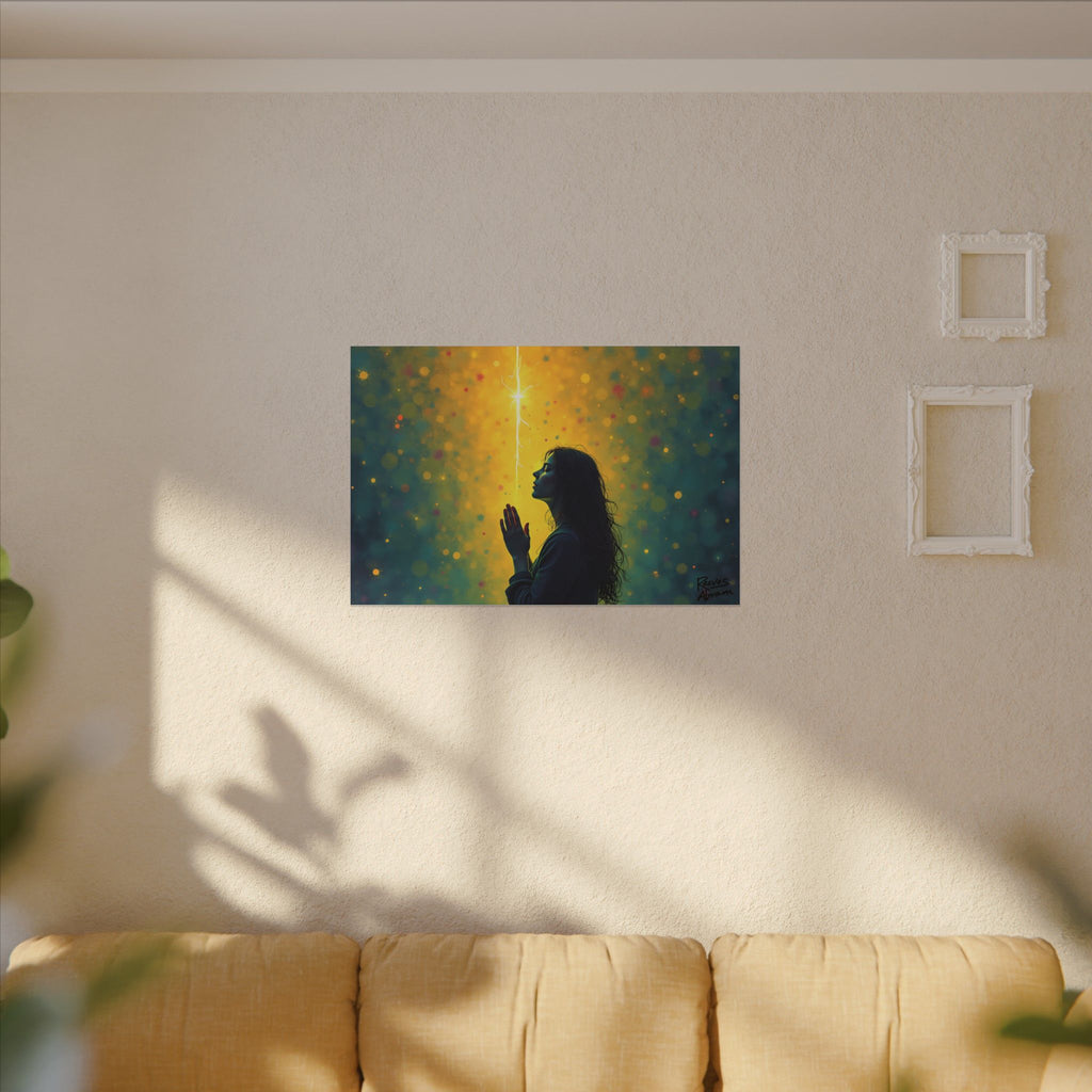 Woman in Prayer Under Magical Light | 36" x 24" Canvas (Horizontal) | Christian Pop Art | Faith Wall Decor