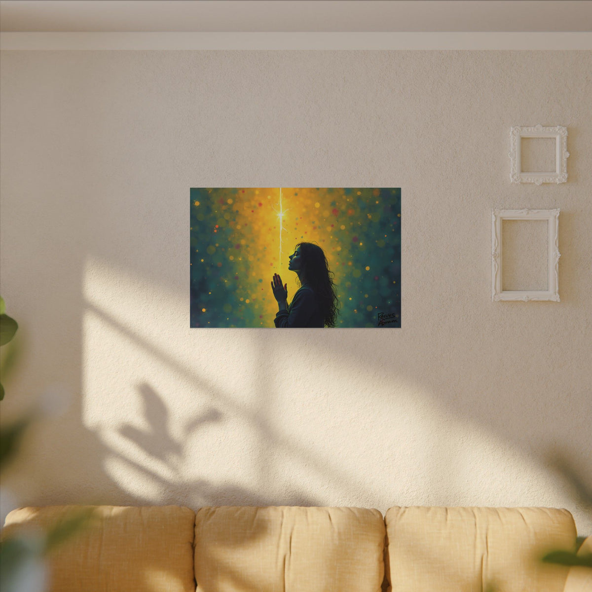 Woman in Prayer Under Magical Light | 36" x 24" Canvas (Horizontal) | Christian Pop Art | Faith Wall Decor