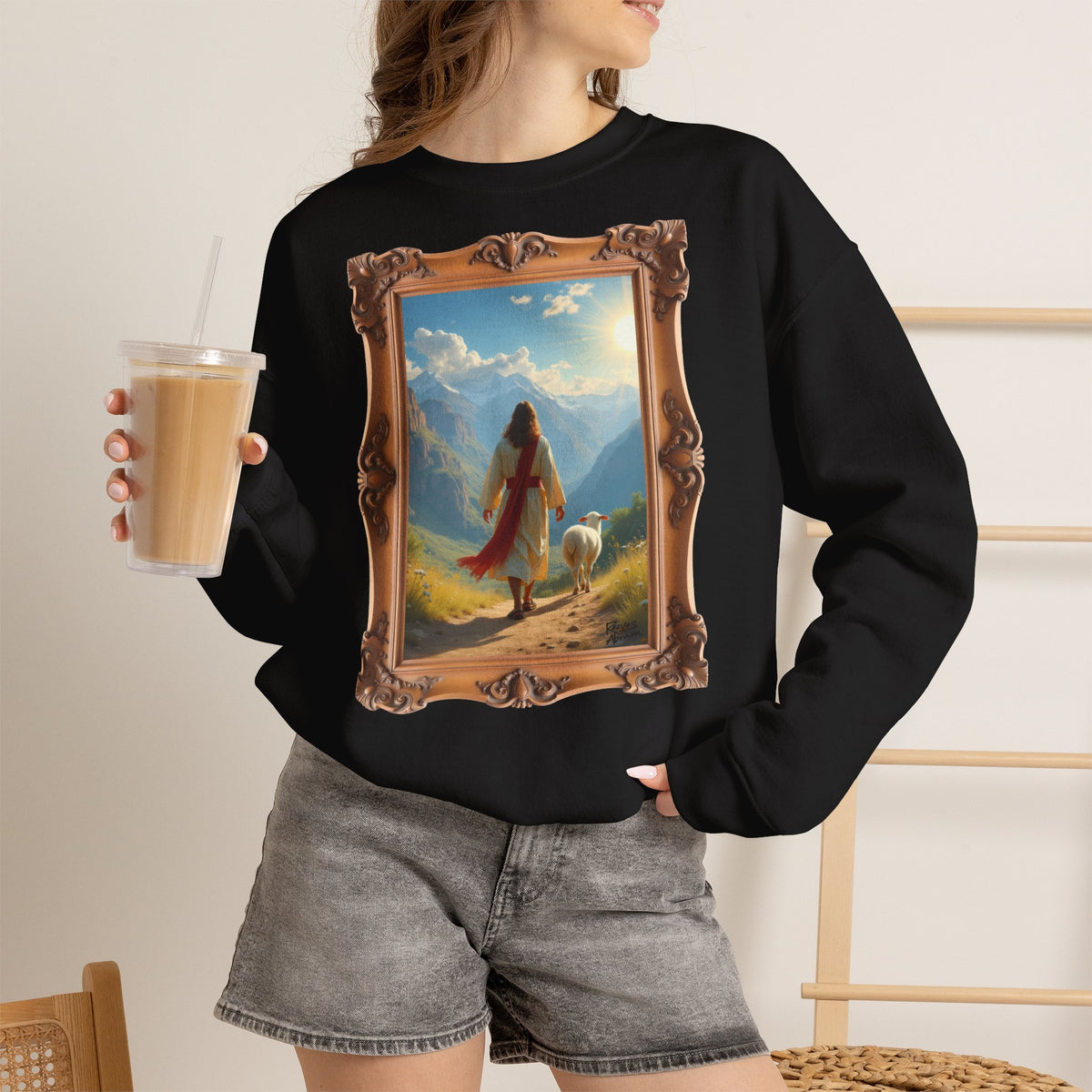 Jesus and the Lost Lamb - Framed | Crewneck Sweatshirt | Christian Art | Faith-Inspired
