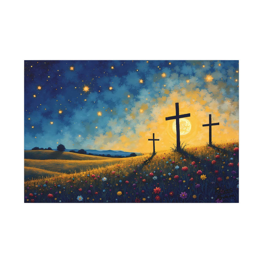 Three Crosses on Hill | 36" x 24" Canvas (Horizontal) | Christian Wall Art | Faith Home Decor | Floral Night Sky