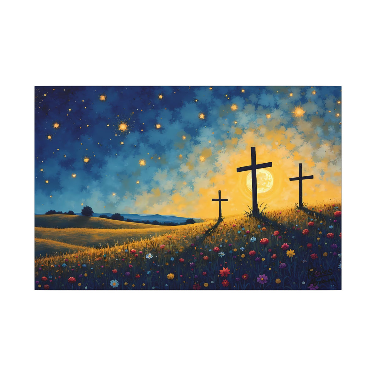 Three Crosses on Hill | 36" x 24" Canvas (Horizontal) | Christian Wall Art | Faith Home Decor | Floral Night Sky
