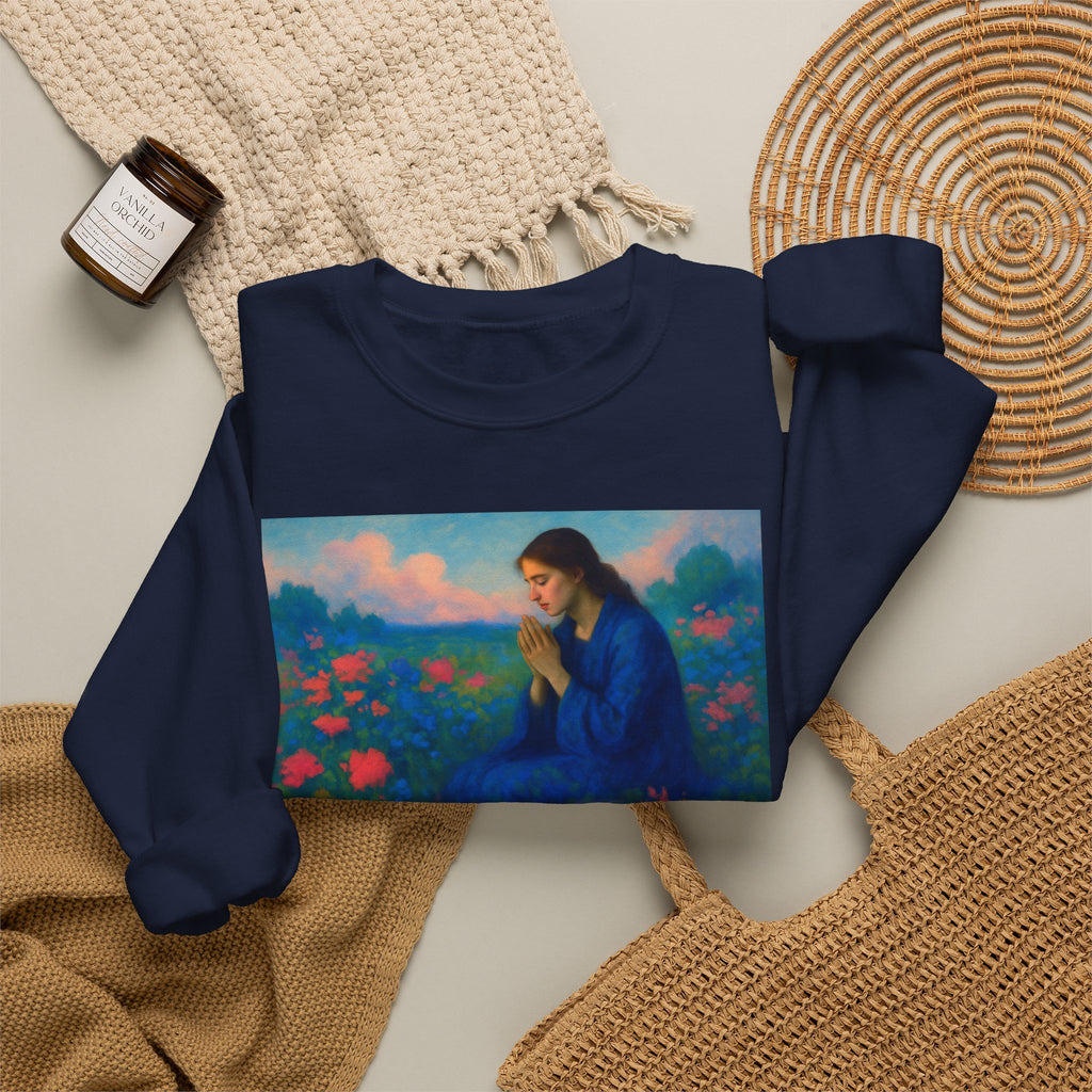 Praying Woman in Wildflowers | Crewneck Sweatshirt | Christian Art | Faith-Inspired