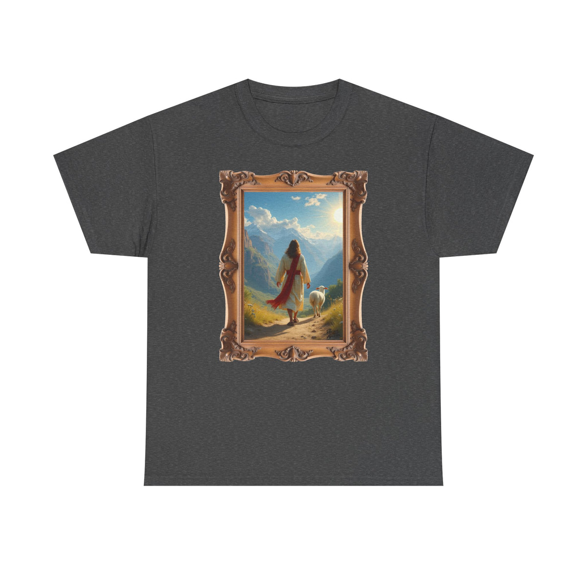Jesus and the Lost Lamb - Framed - T-Shirt | Religious Inspirational Tee, Jesus in Bible Artwork