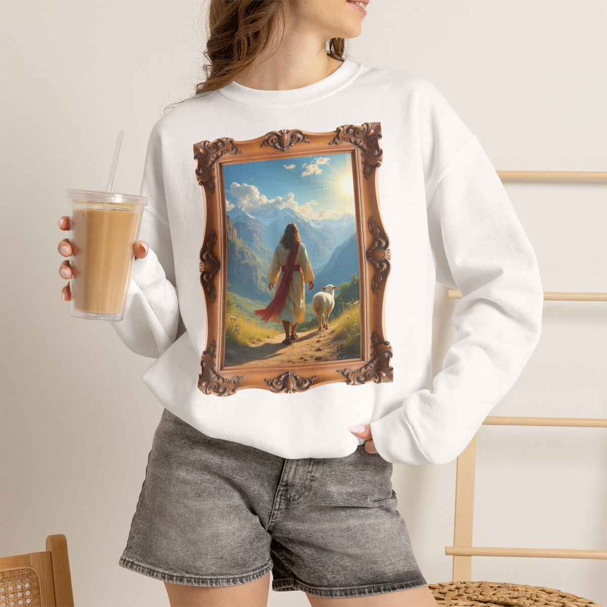 Jesus and the Lost Lamb - Framed | Crewneck Sweatshirt | Christian Art | Faith-Inspired