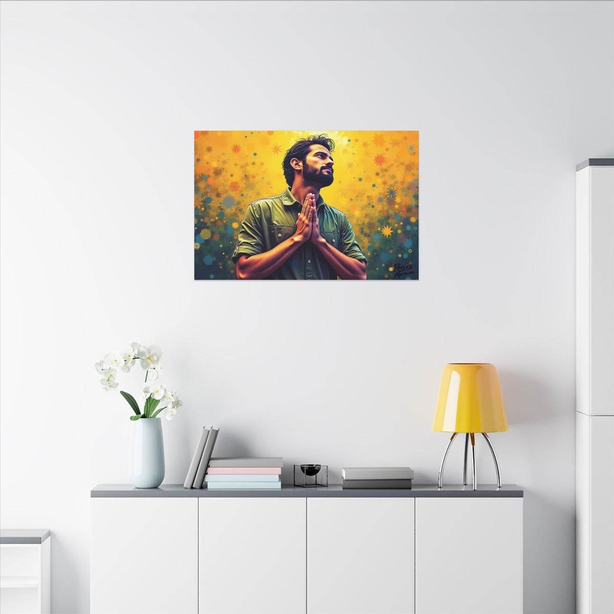 Praying Man Starburst | 36" x 24" Canvas (Horizontal) | Christian Wall Art | Illustration Style