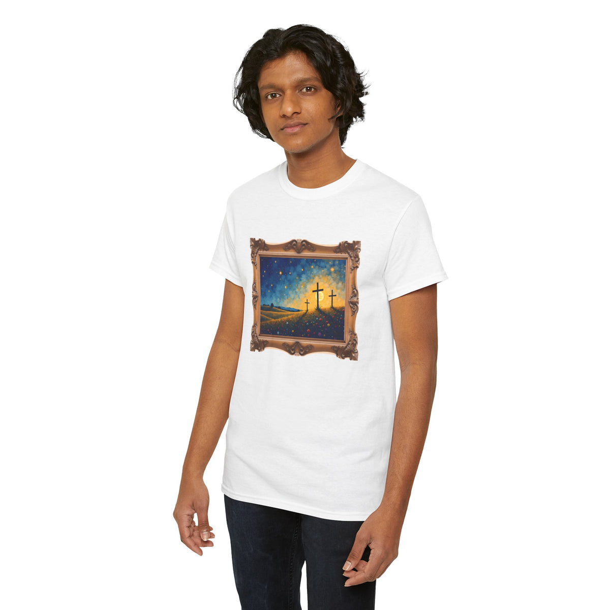 Three Crosses on Hill - Framed - T-Shirt | Religious Inspirational Tee, Jesus Faith Artwork