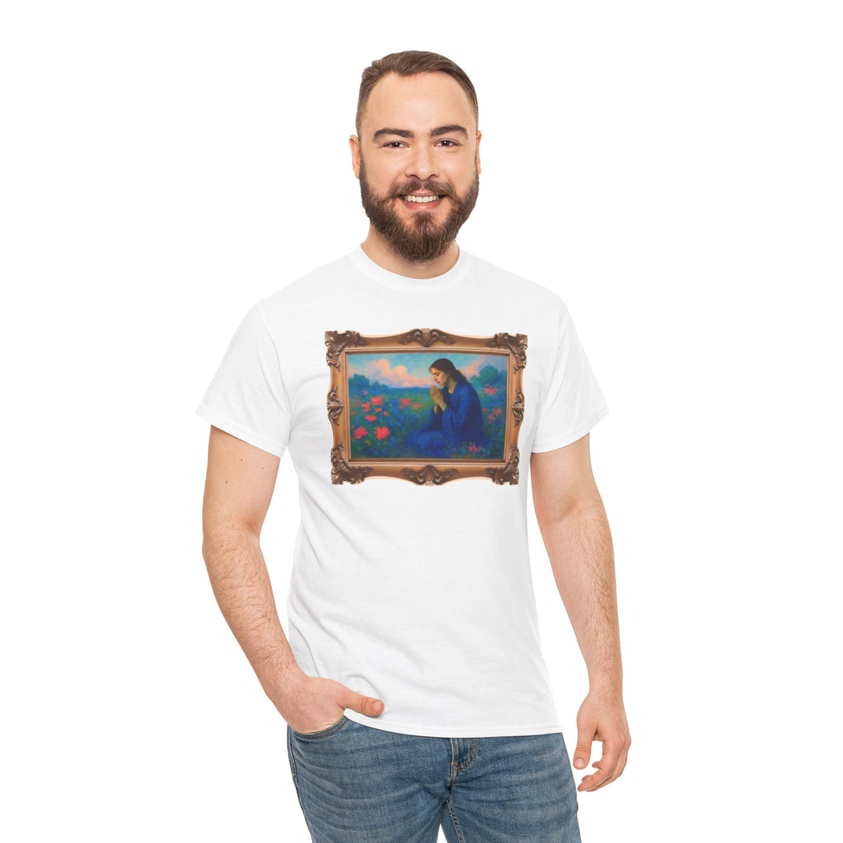 Praying Woman in Wildflowers - Framed - T-Shirt | Religious Inspirational Tee, Prayer Shirt
