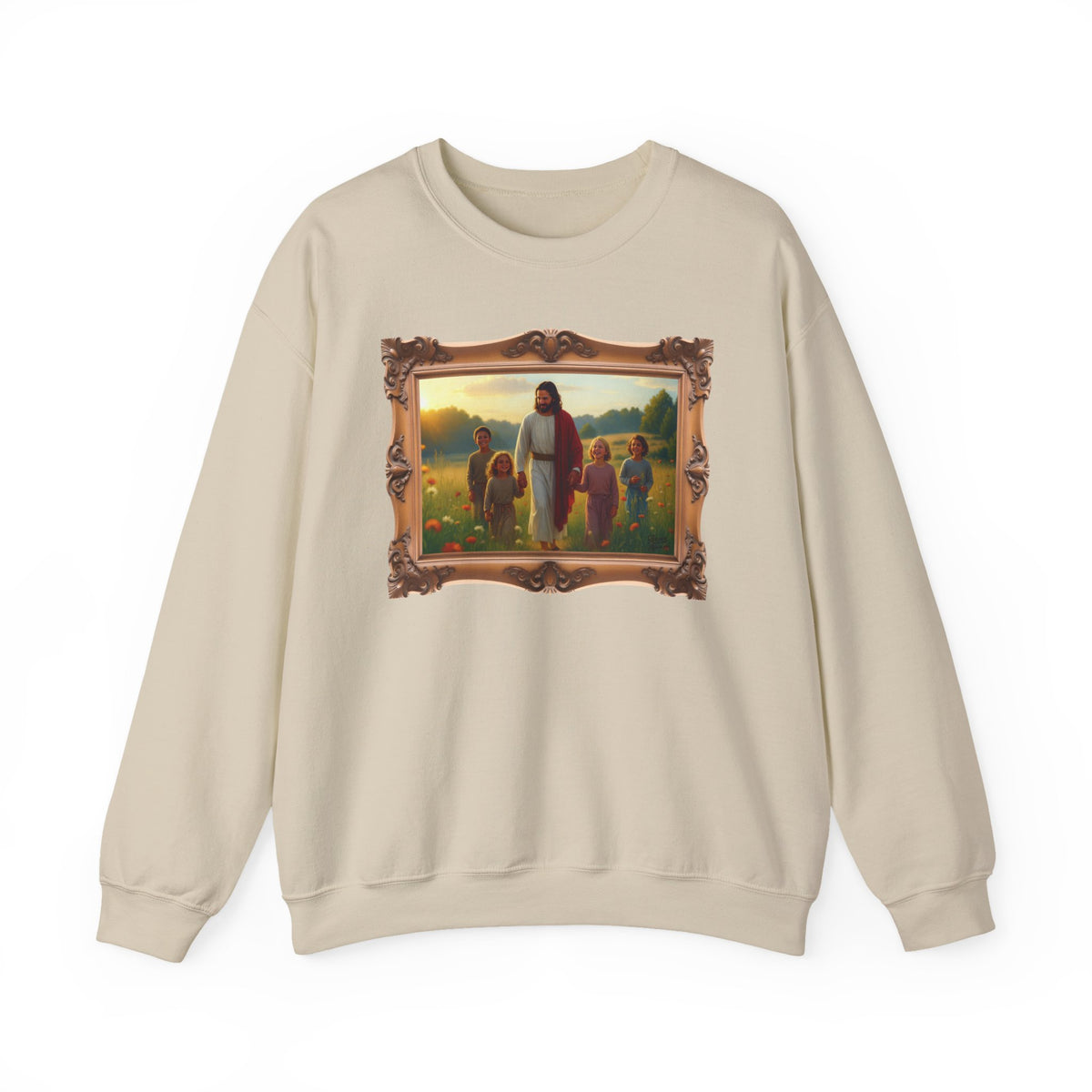 Jesus with Children in Wildflowers - Framed | Crewneck Sweatshirt | Christian Art | Faith-Inspired