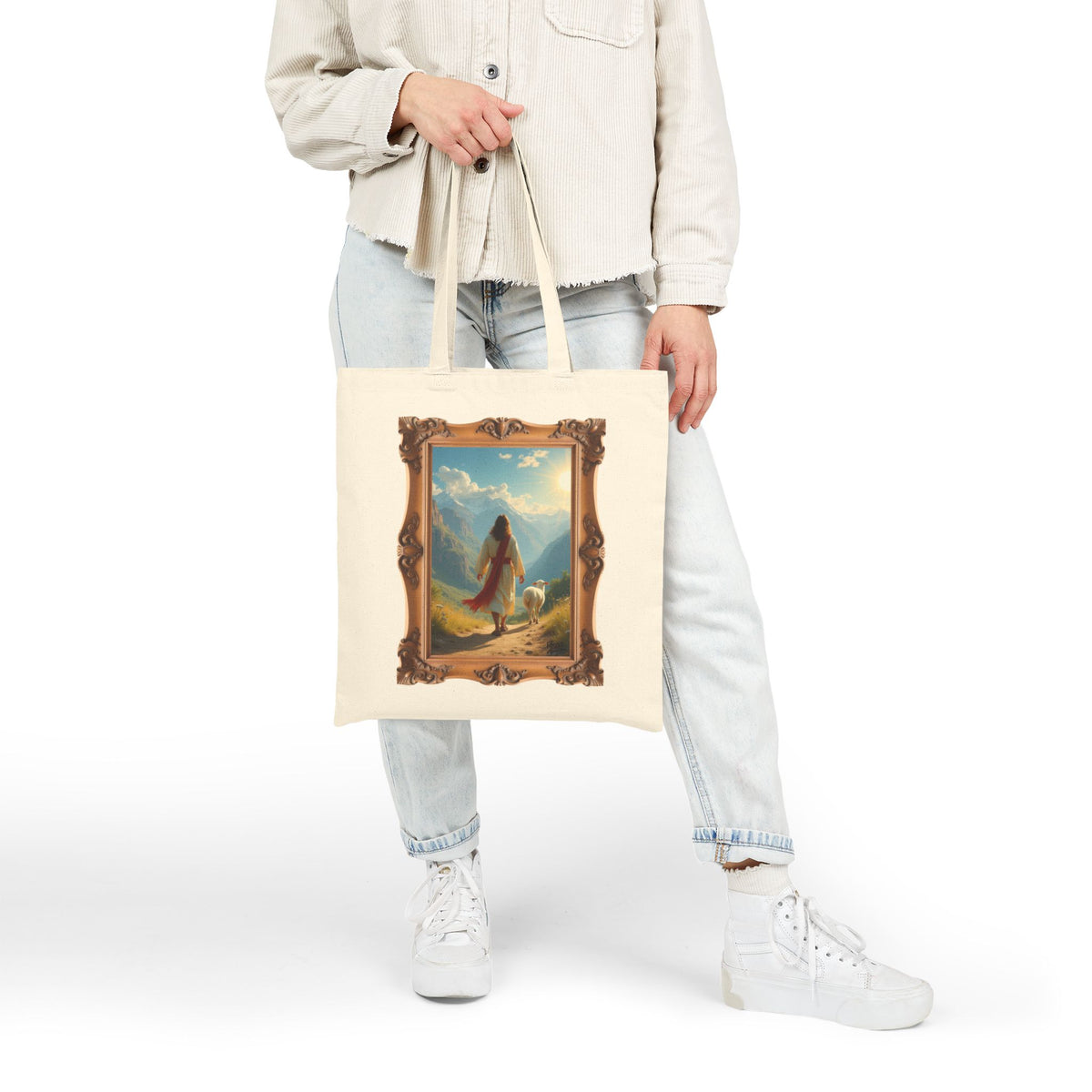 Jesus and the Lost Lamb - Framed | Christian Art | Faith-Inspired - Canvas Tote Bag