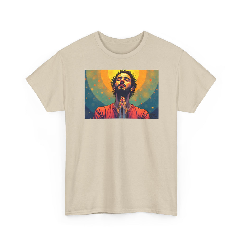 Praying Man - Serenity in Cosmic Light - T-Shirt | Religious Inspirational Tee, Prayer Artwork