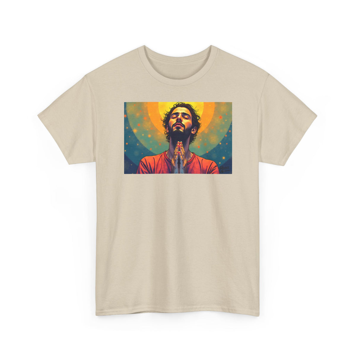 Praying Man - Serenity in Cosmic Light - T-Shirt | Religious Inspirational Tee, Prayer Artwork
