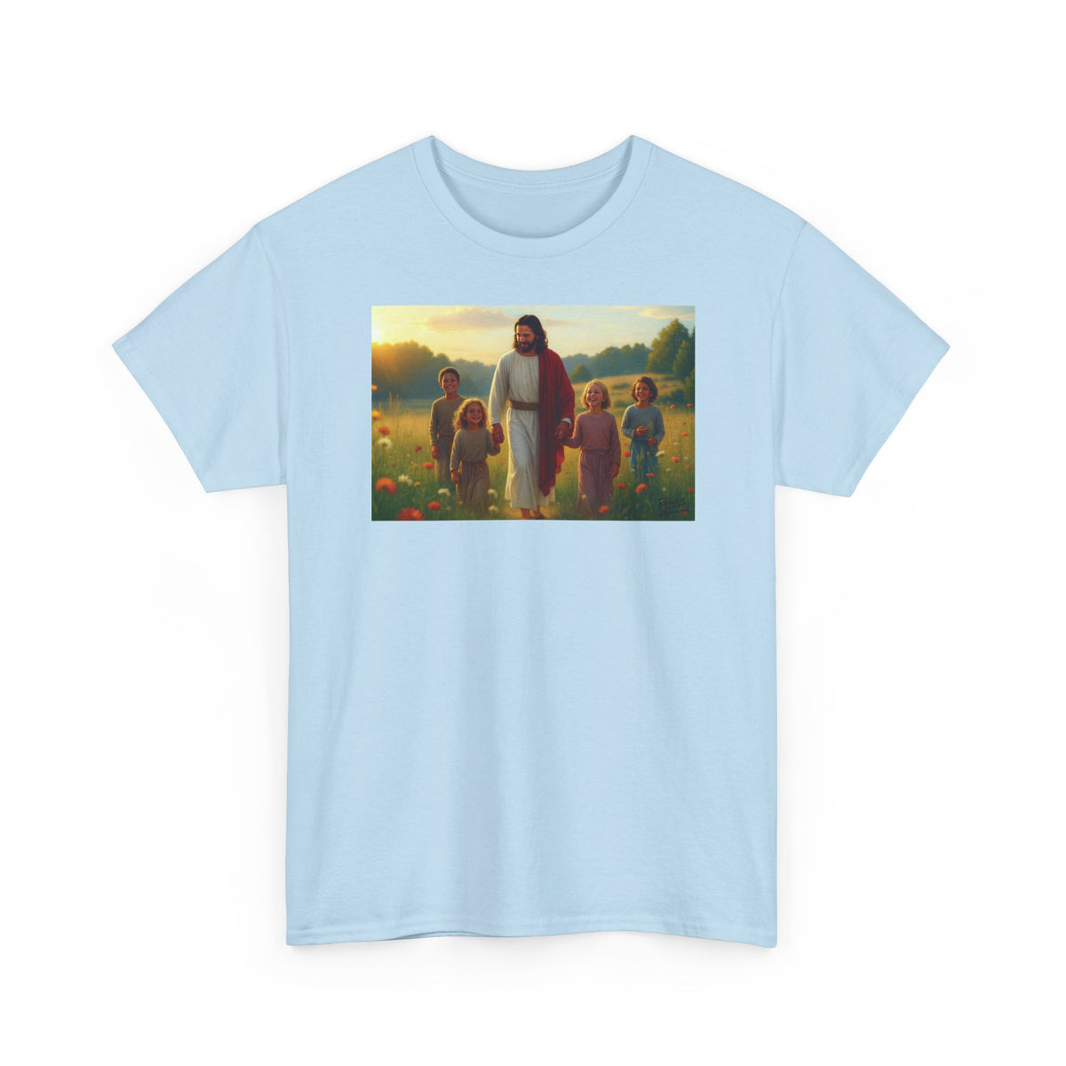 Jesus with Children in Wildflowers - T-Shirt | Religious Inspirational Tee, Prayer Artwork