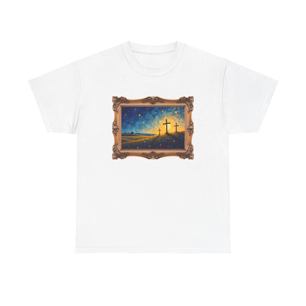 Three Crosses on Hill - Framed - T-Shirt | Religious Inspirational Tee, Jesus Faith Artwork