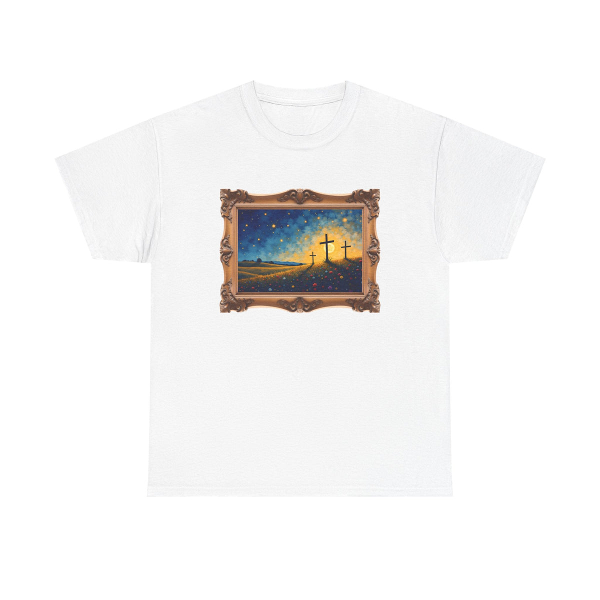 Three Crosses on Hill - Framed - T-Shirt | Religious Inspirational Tee, Jesus Faith Artwork