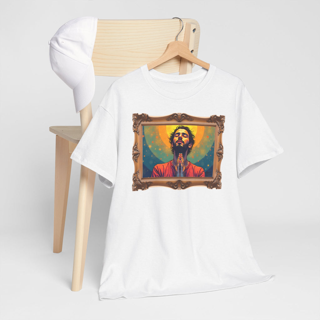 Praying Man - Serenity in Cosmic Light - Framed - T-Shirt | Religious Inspirational Tee, Prayer Artwork
