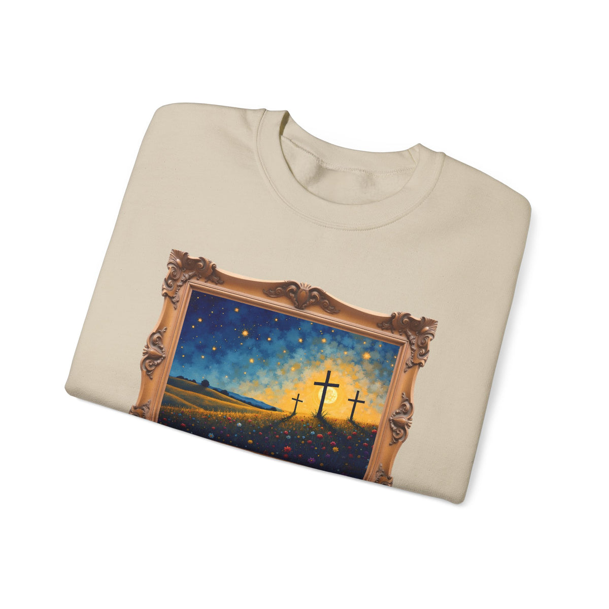 Three Crosses on Hill - Framed - Crewneck Sweatshirt | Bible Art