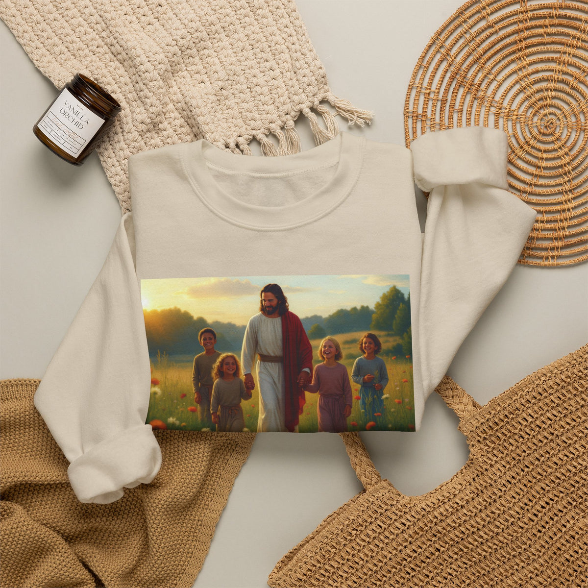 Jesus with Children in Wildflowers | Crewneck Sweatshirt | Christian Art | Faith-Inspired