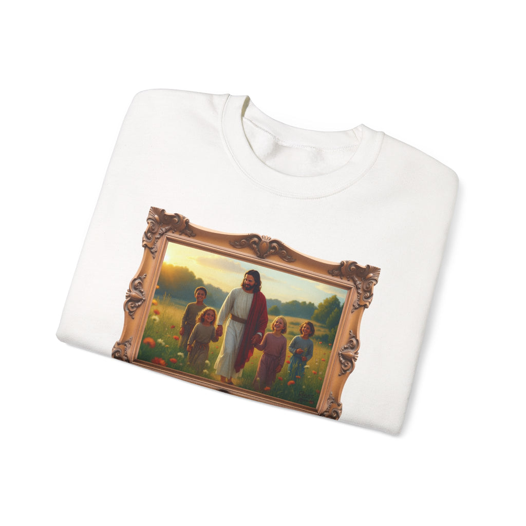 Jesus with Children in Wildflowers - Framed | Crewneck Sweatshirt | Christian Art | Faith-Inspired