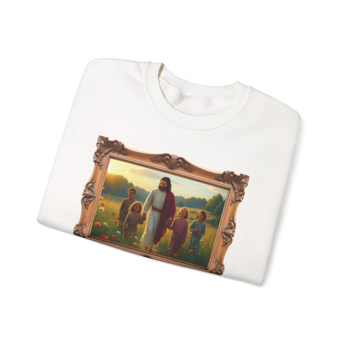Jesus with Children in Wildflowers - Framed | Crewneck Sweatshirt | Christian Art | Faith-Inspired