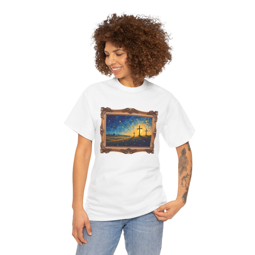 Three Crosses on Hill - Framed - T-Shirt | Religious Inspirational Tee, Jesus Faith Artwork