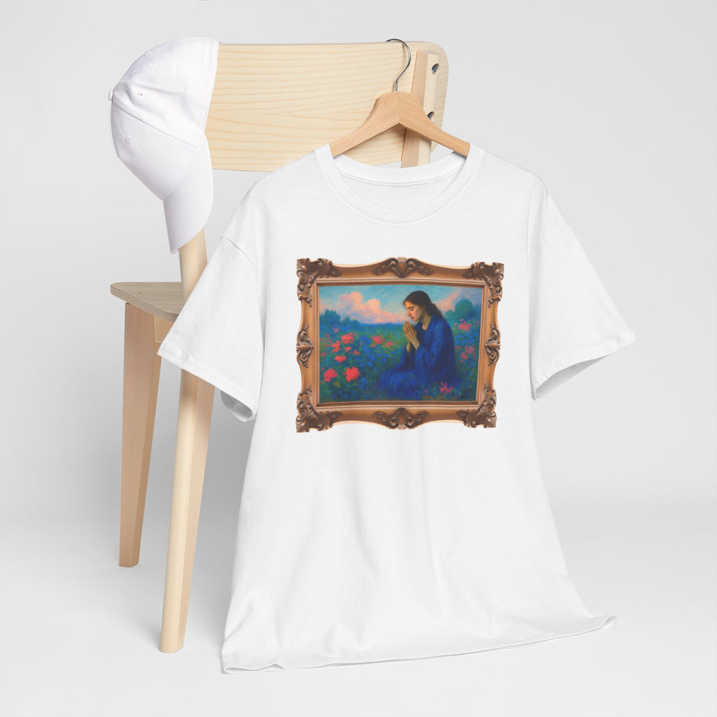 Praying Woman in Wildflowers - Framed - T-Shirt | Religious Inspirational Tee, Prayer Shirt