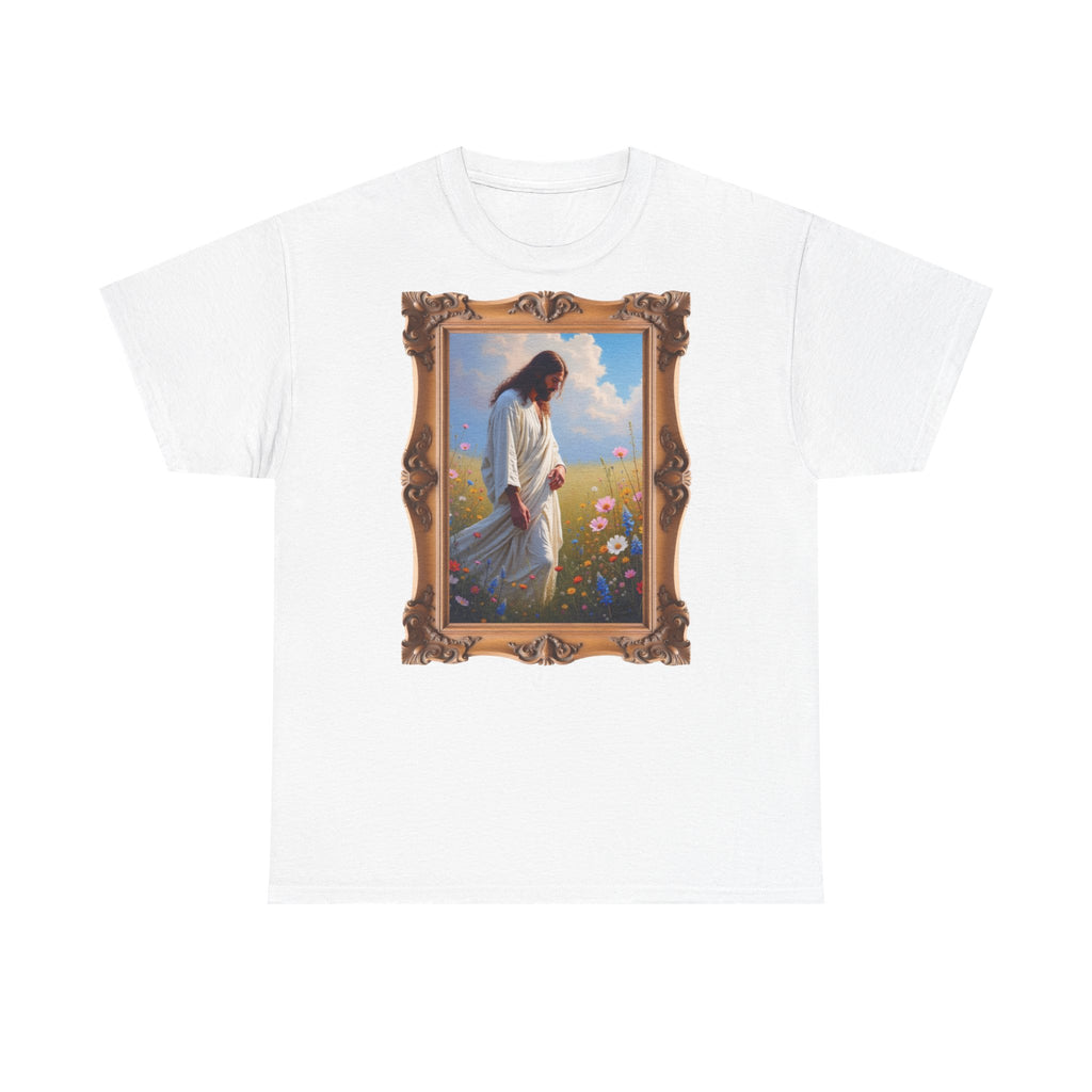 Jesus Among Wildflowers - Framed - T-Shirt | Religious Inspirational Tee | Christ Walking Prayerfully