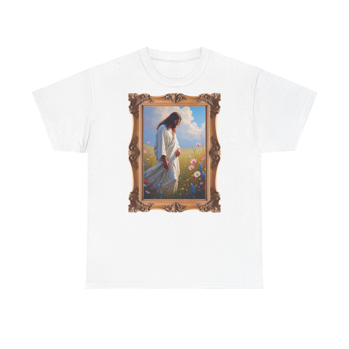 Jesus Among Wildflowers - Framed - T-Shirt | Religious Inspirational Tee | Christ Walking Prayerfully
