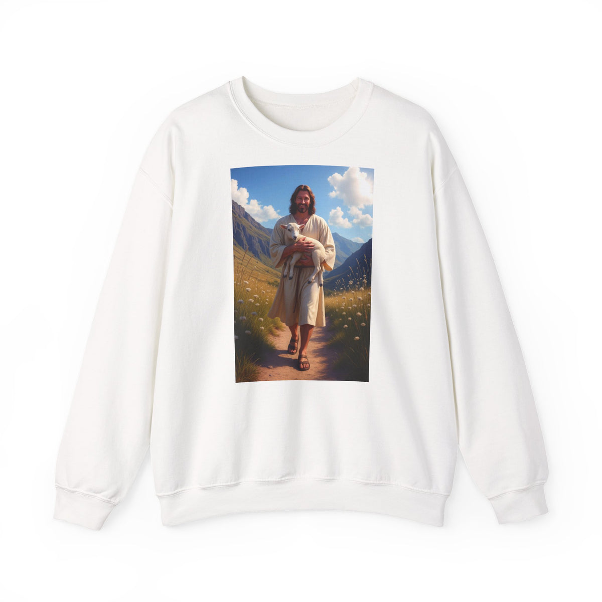 Jesus Carrying the Little Lamb - Crewneck Sweatshirt | The Good Shepherd Christian Art