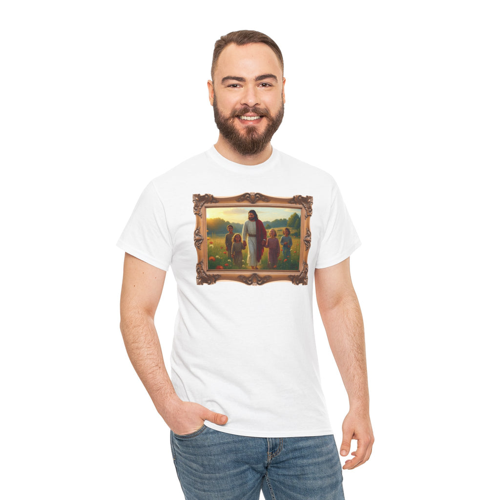 Jesus with Children in Wildflowers - Framed - T-Shirt | Religious Inspirational Tee, Prayer Artwork