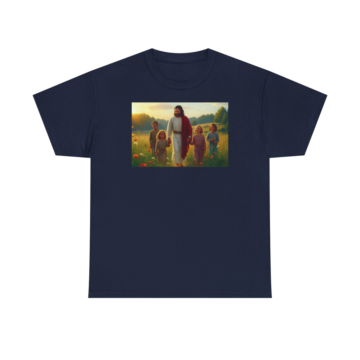Jesus with Children in Wildflowers - T-Shirt | Religious Inspirational Tee, Prayer Artwork